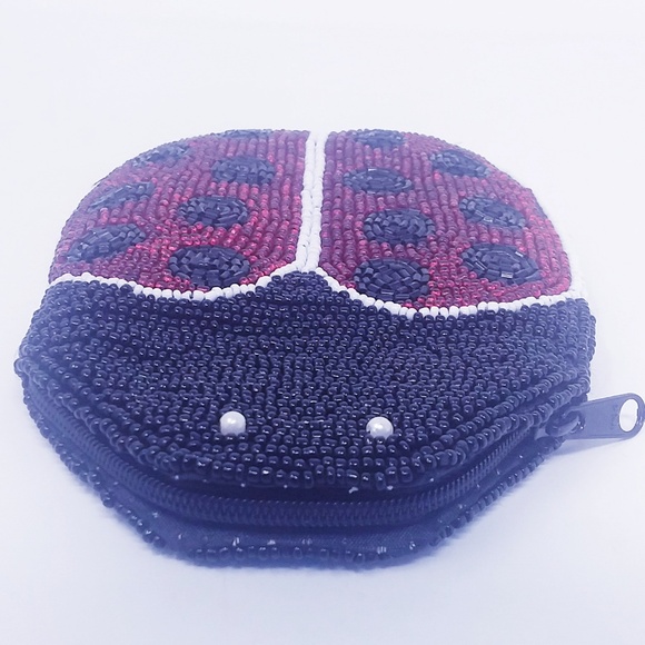 Handmade Beaded Ladybug Coin Purse Pouch Zip Up - Picture 2 of 8